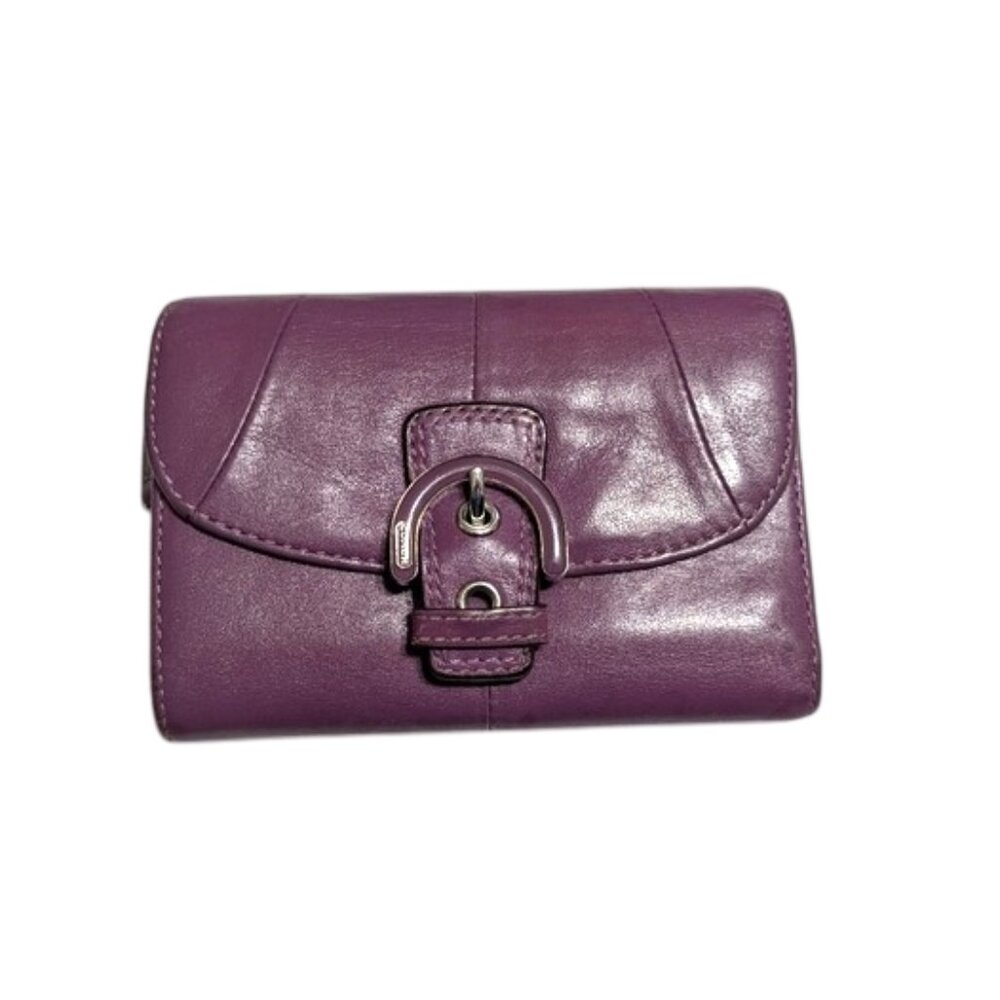 Coach Leather Tri-Fold Wallet with‎ Buckle Detail Purple 5 5/8"Lx3.5"Wx1"D